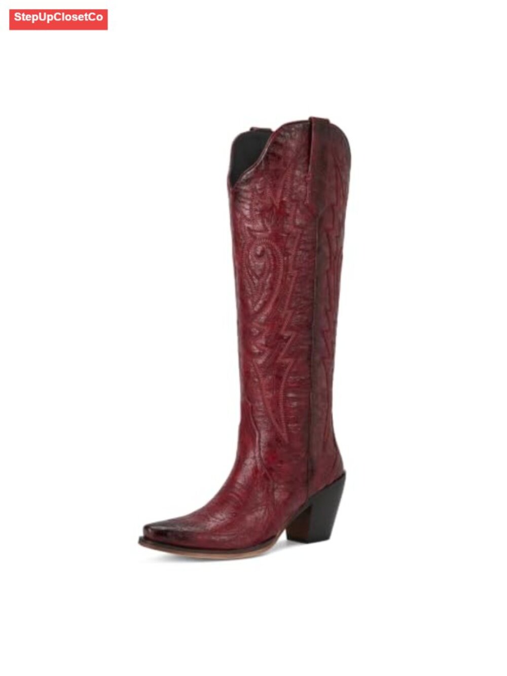 Women's Cowboy Knee High Boots Snip Toe Vintage Wing Embroidery Chunky Heel